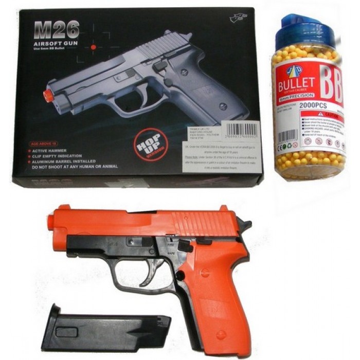 Double Eagle M26 Spring Powered Orange Plastic BB Gun Pistol & 2000 Pellets